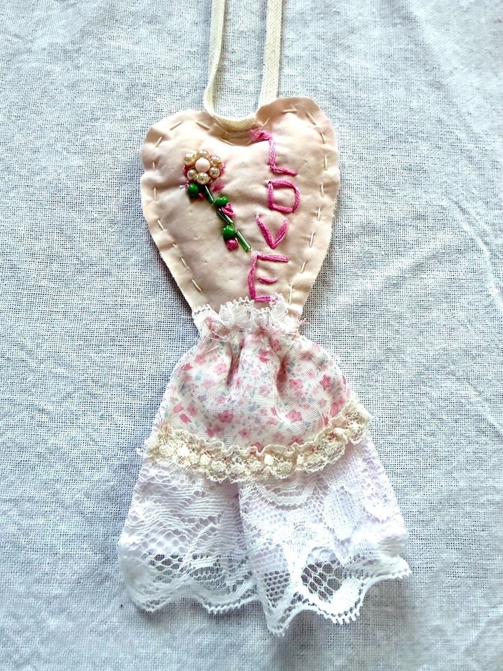 Love heart necklace with tiny print fabric with lace + Bead